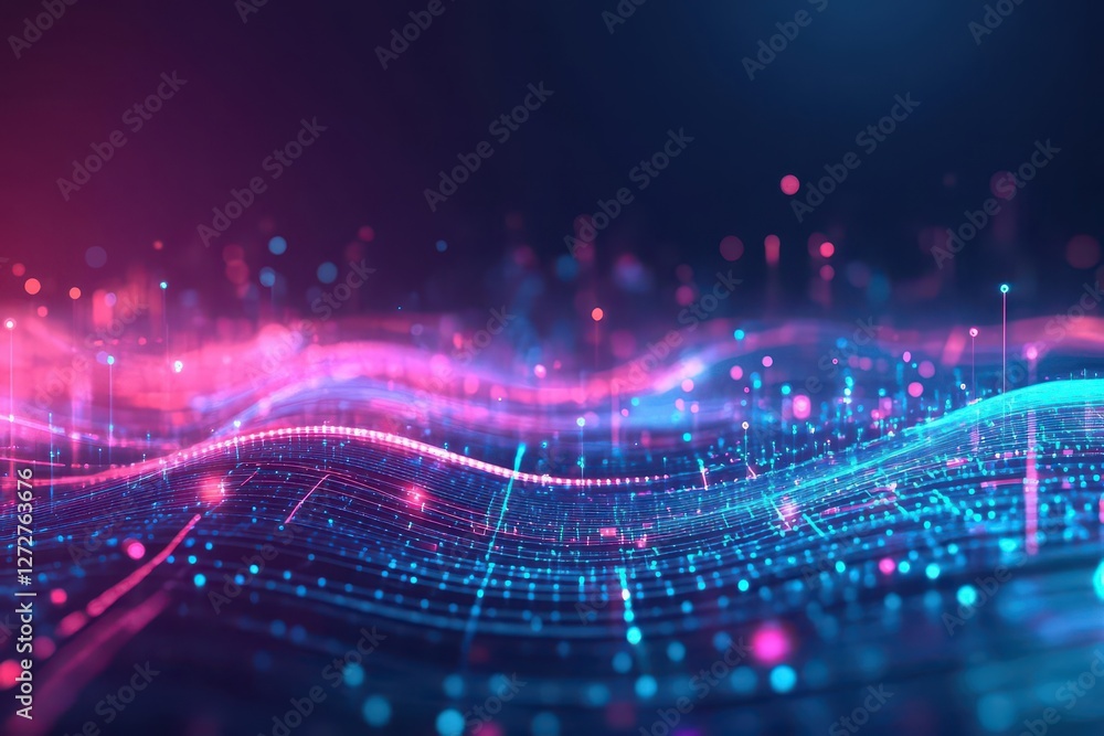 Poster abstract digital network with wavy pattern in blue pink and purple hues glowing background