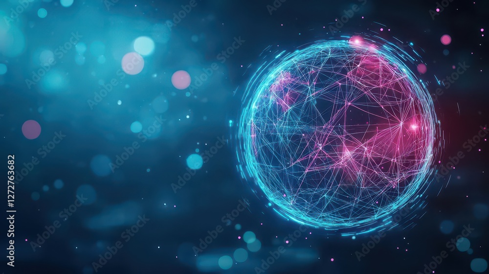 Poster abstract digital network sphere with blue and pink light technology background