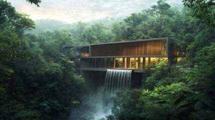 Fototapeta premium Modern Architecture Home Nestled in Lush Green Jungle Near Cascading Waterfalls