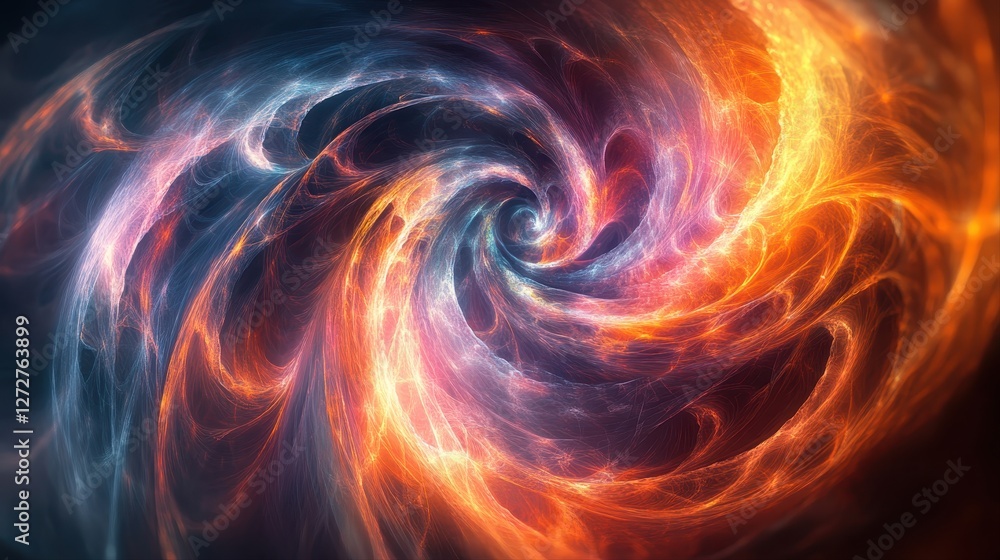 Poster colorful abstract tech fractals featuring a swirl of fire and blue seamless complexity in digital de