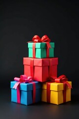 Colorful gift boxes stacked on a black background, gift boxes, arrangement, decorative