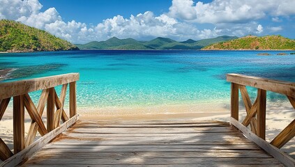 Obraz premium Wooden Dock Leads to Tropical Beach Paradise with Turquoise Water and Lush Green Hills under a Sunny Sky