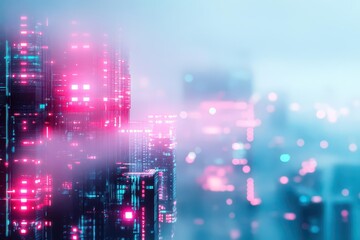 Obraz premium Abstract Futuristic Cityscape at Night with Pink and Blue Neon Lights Architecture