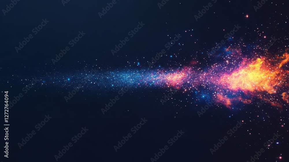 Fototapete abstract glittering particle stream in blue and orange with dark gradient background
