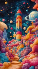 Colorful space scene with a spaceship planets and vibrant cosmic adventure elements in a cartoon style