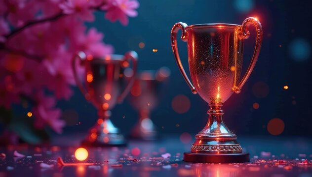 Colorful lights reflect off the surface of trophies, honor, achievement