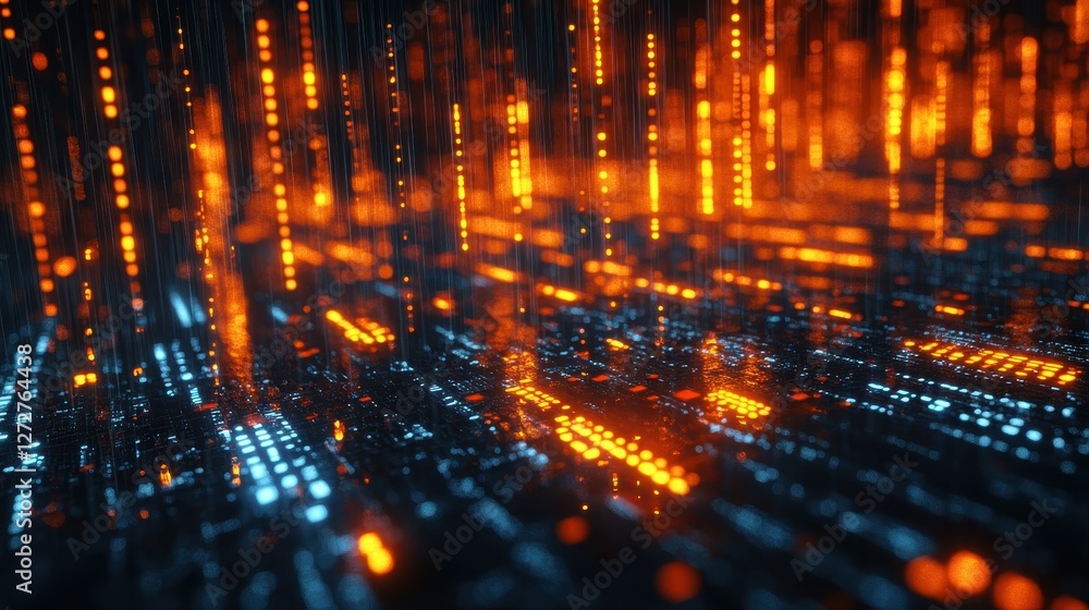Aufkleber cyberpunk digital rain glowing matrix code effect on dark orange background with light pixels
