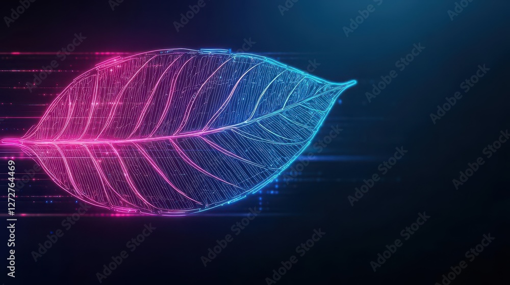 Poster abstract leaf formed from digital dots with pink and blue gradient glowing on dark background