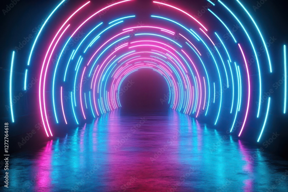 Poster abstract neon tunnel with circular glowing lights in dark background
