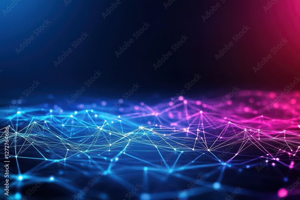 Poster abstract network of interconnected lines and dots with blue and pink gradient background