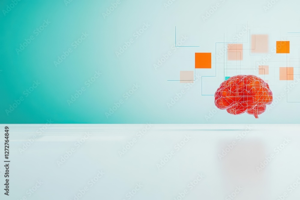 Poster Abstract Red Brain with Geometric Shapes Against Teal Background for Artificial Intelligence