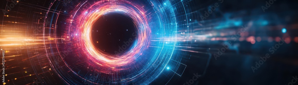 Poster abstract rendering of black hole with glowing blue and orange data streams on dark background
