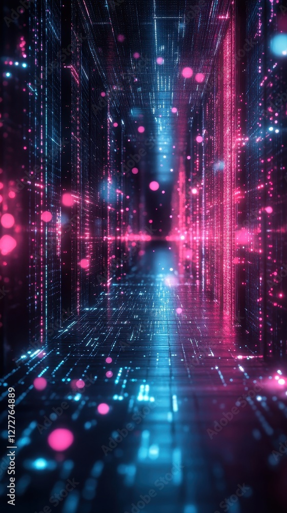 Poster dark corridor illuminated by neon lights with futuristic data streams in a sci-fi tech aesthetic