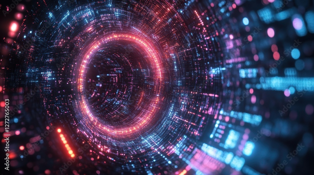 Poster circular image of blue and red neon lights with futuristic data streams in a sci-fi tech aesthetic