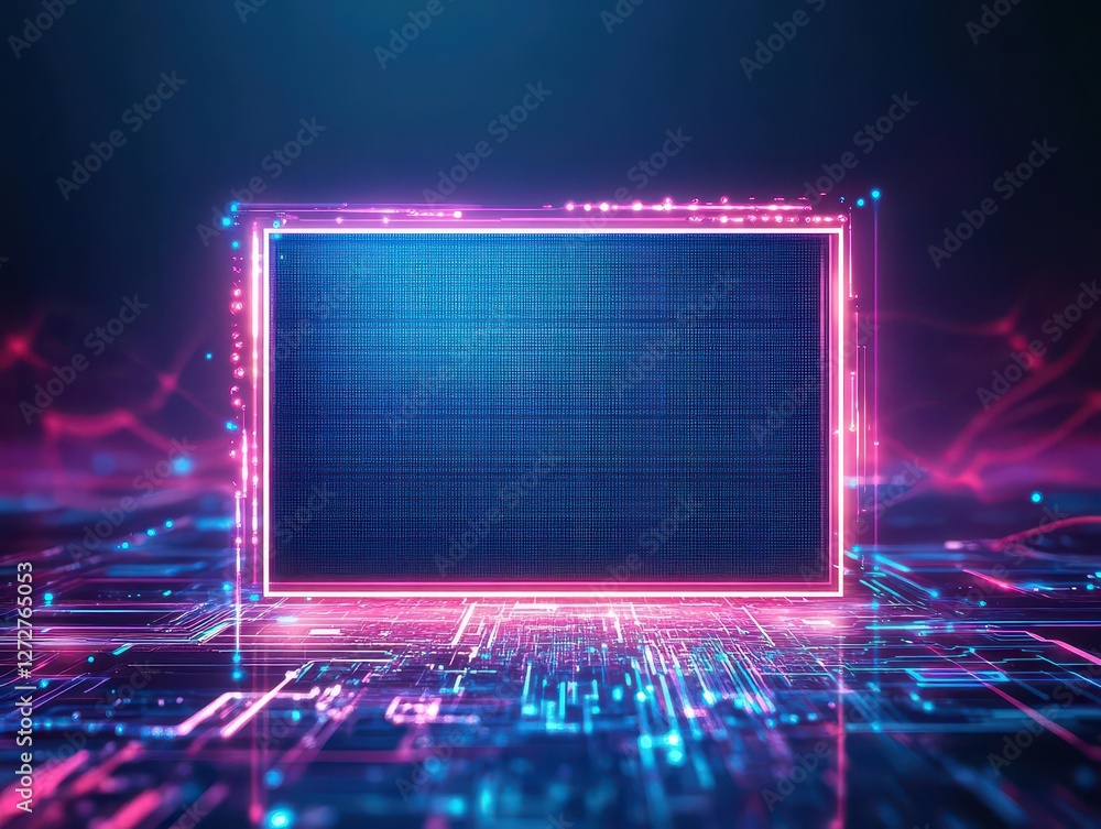 Poster Abstract Technology Background with Glowing Pink Frame and Blue Binary Code