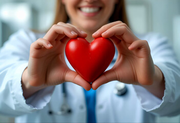 Female doctor holding a red heart, symbol of healthcare and medical care