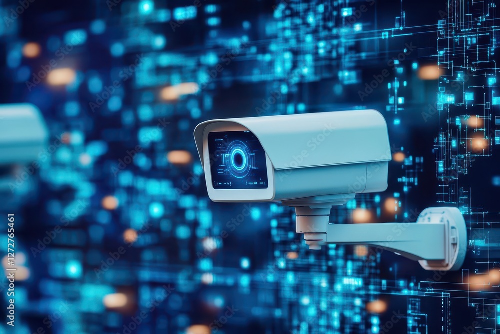Poster aipowered crime detection system analyzing realtime security footage in a digital city