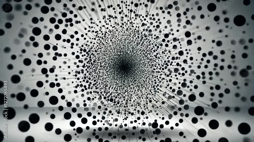 Poster abstract design featuring a vortex of black dots radiating outward in a striking monochrome pattern