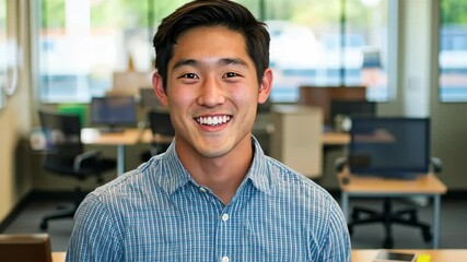 Friendly young man smiles confidently in a modern office setting during daylight hours