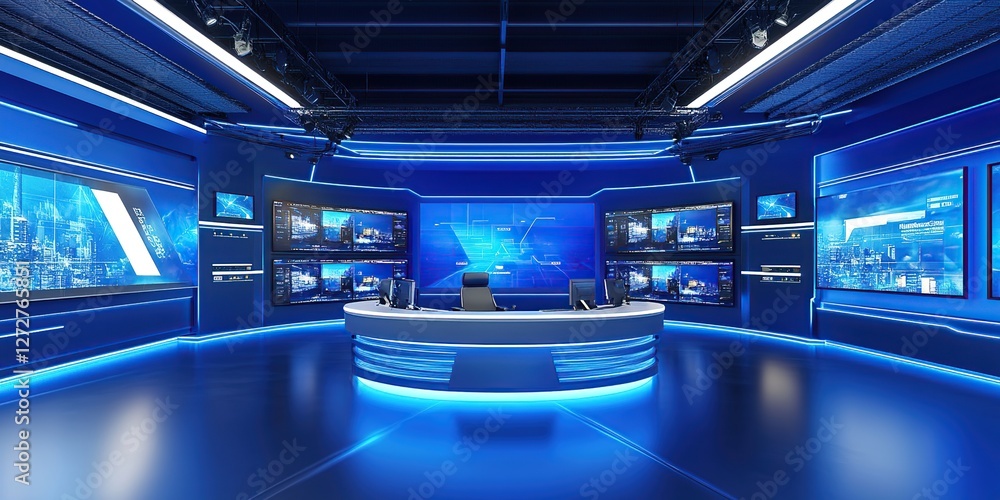 Poster futuristic control room: digital displays showcase global network data efficiently with vivid blue l