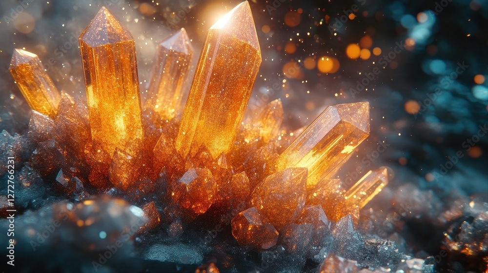 Poster close up image of a cluster of crystals with bokeh light reflections in warm golden tones