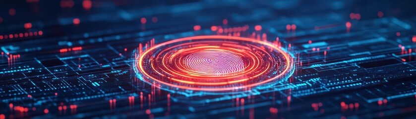 Biometric security scanner, glowing fingerprint reader, dark futuristic background