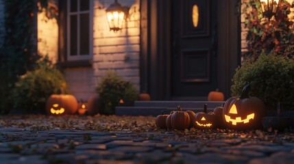 A cozy autumn scene featuring carved pumpkins on a porch, evoking Halloween spirit.