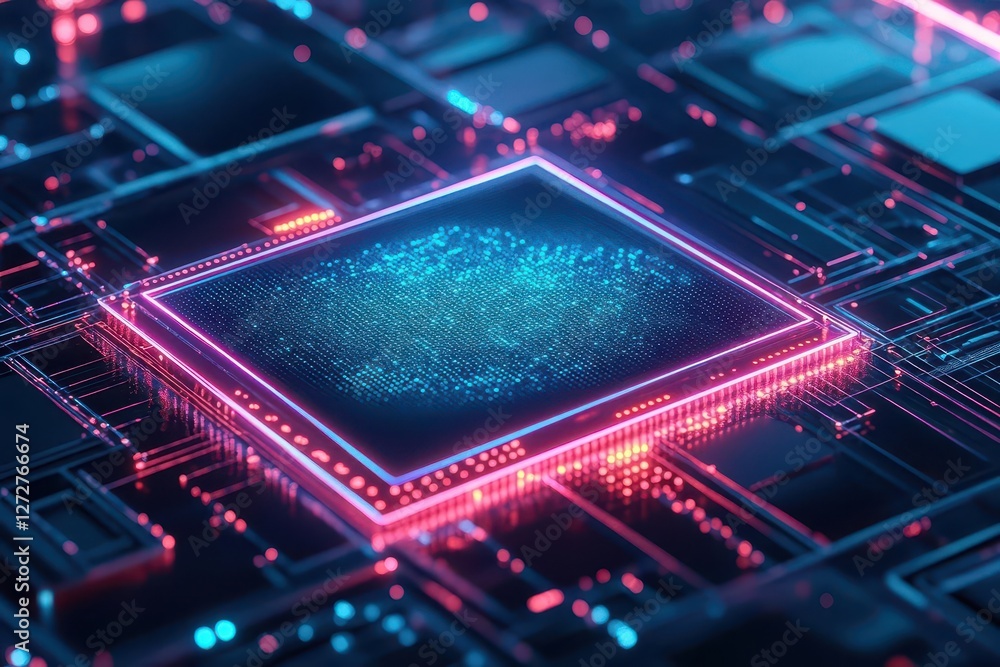 Poster blue and pink glowing microchip on dark circuit board background
