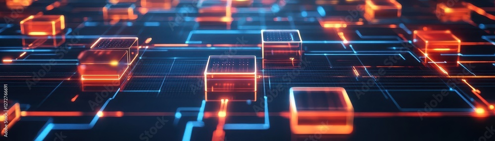 Poster blockchain technology visualization, interconnected glowing blocks, dark background