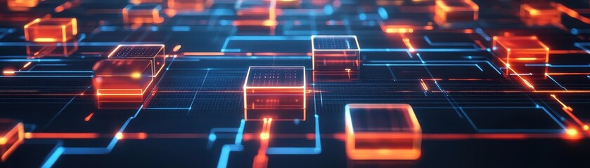 Blockchain technology visualization, interconnected glowing blocks, dark background