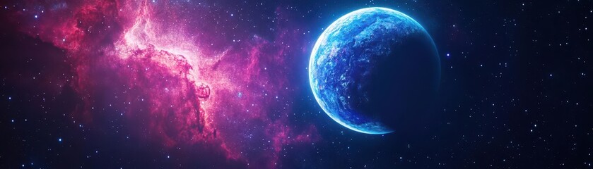 Obraz premium Bright Blue Sphere Against Deep Space Nebula And Starfield Background