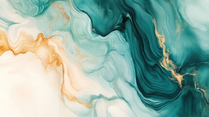 Abstract fluid art with teal, white, and gold swirls.