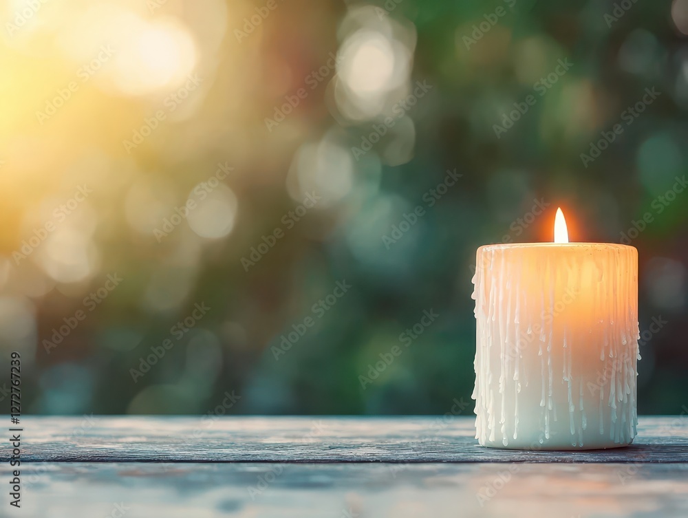 Poster candlelight glows with warmth atop rustic wooden table with soft bokeh
