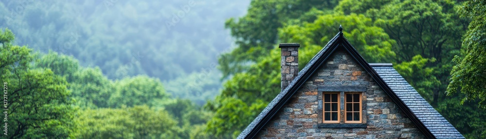 Poster charming stone cottage with green forest backdrop under overcast sky in rural setting
