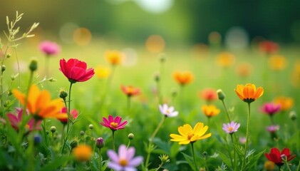 Colorful wildflowers blooming in a lush green field, wildflowers, rustic