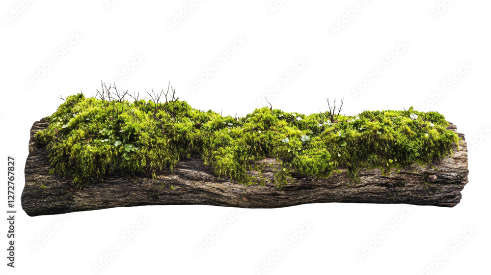 Poster verdant moss cascading from weathered log, creating a natural display