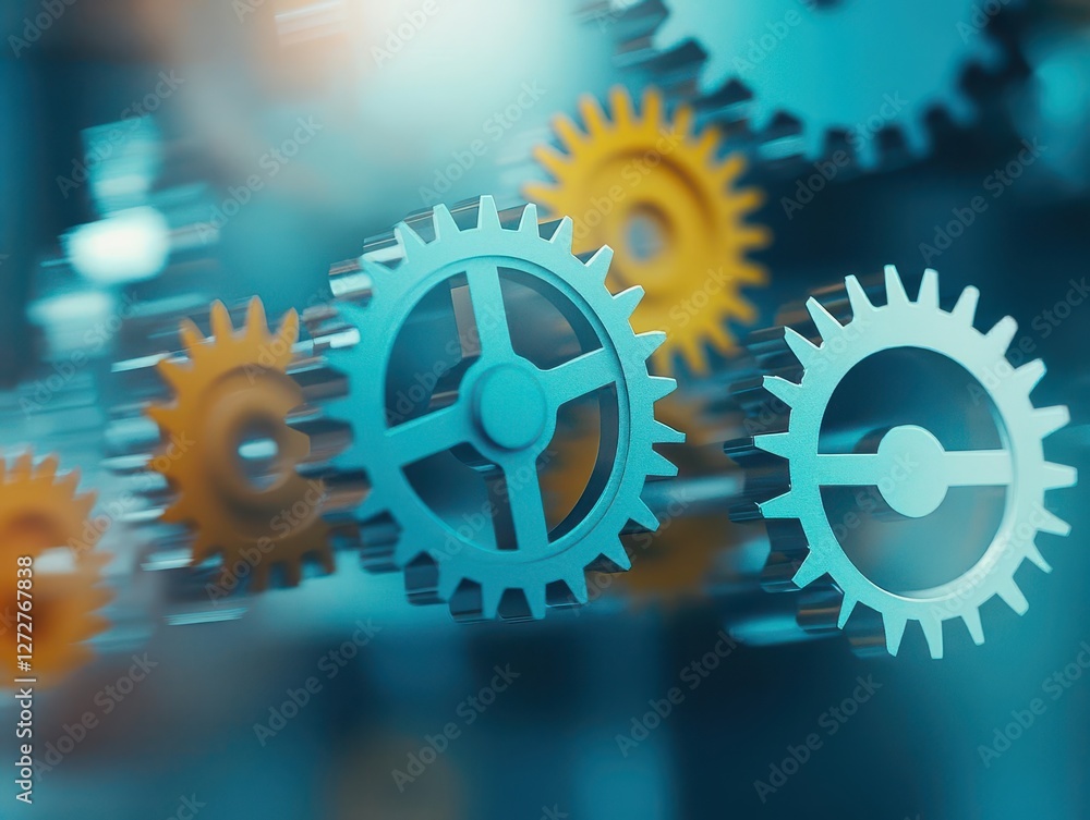 Poster close up of blue and yellow cogwheels gears mechanism on blurred background
