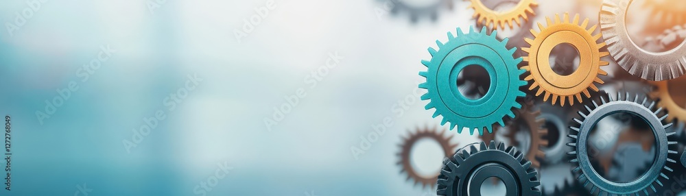 Poster close up of interlocking gears in teal yellow silver on a light blue gradient background
