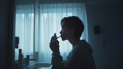 Phone overuse during a morning routine. Featuring digital disruption and lack of mindfulness