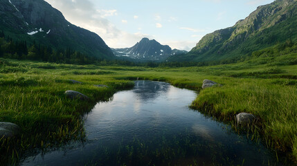 Mountain valley stream, serene landscape, nature background, travel photography