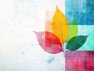 Colorful Leaves Artistically Arranged on a White Background with Geometric Color Blocks