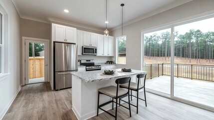 Fototapeta premium Modern kitchen interior with stainless steel appliances and scenic outdoor view