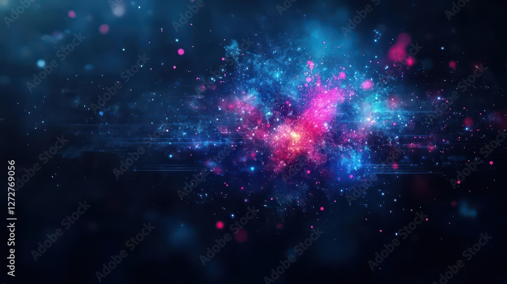 Poster cosmic nebula explosion of pink and blue particles in dark space background