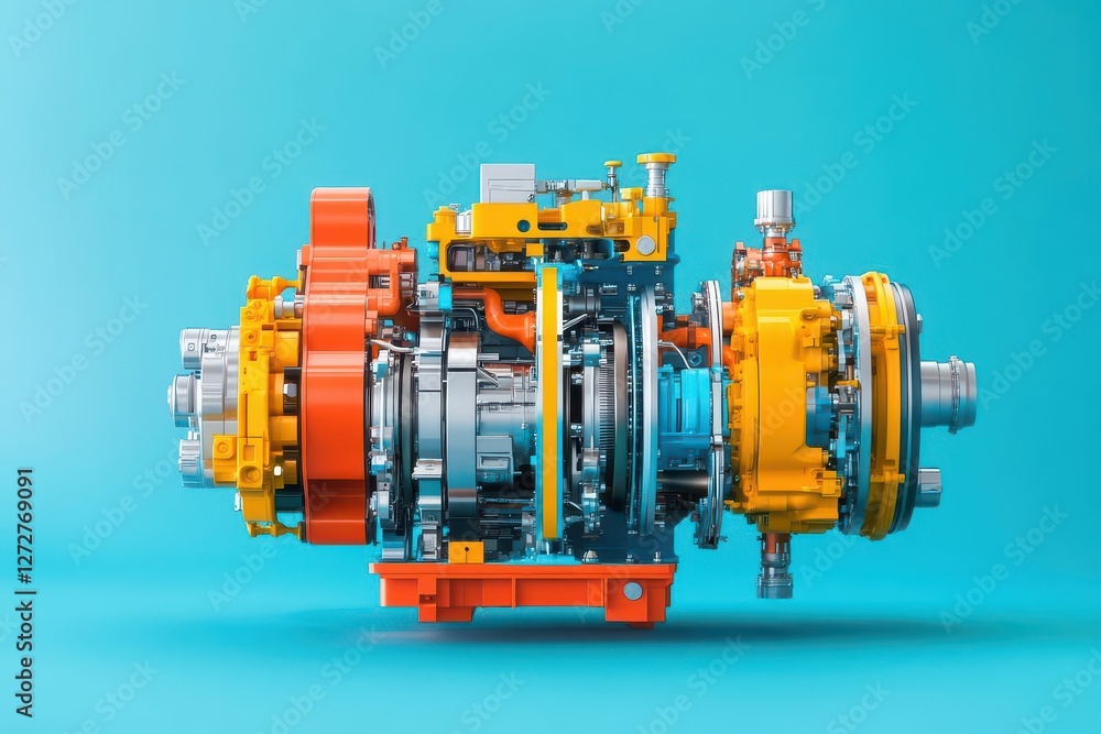 Poster cross section of complex machine gear with metallic and yellow parts on teal
