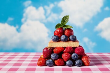 A food pyramid represented as a colorful 3D hologram, displaying the nutritional values of different foods