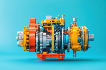 Fototapeta premium Cross Section of Complex Machine Gear with Metallic and Yellow Parts on Teal