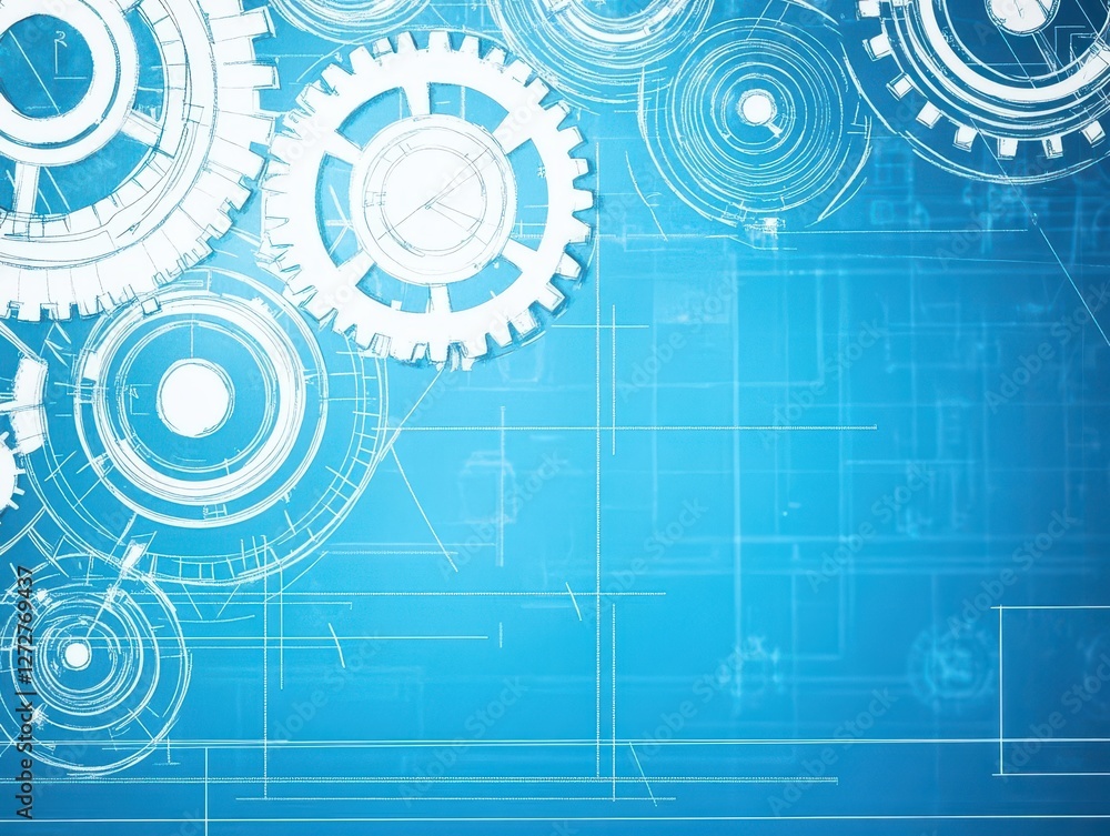 Poster detailed blueprint with gears and mechanical elements on a blue technical background