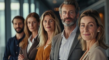 Obraz premium A diverse group of professionals, including men and women, stands confidently in a modern office setting.
