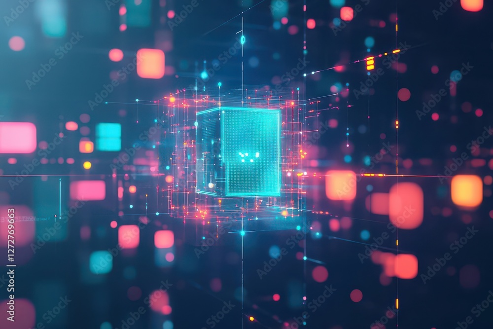 Poster Digital Blue and Red Glowing Cube Structure Artificial Intelligence Network Technology
