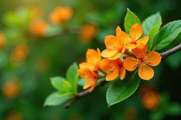 Bright orange blossoms on a green shrub branch, flower clusters, nature scenes